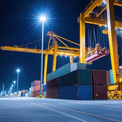 Nighttime Industrial Port with Cranes and Shipping Containers