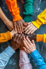 Obraz premium Diverse hands placed together representing unity, collaboration, and teamwork. Symbolizing inclusivity, mutual support, and multicultural cooperation.