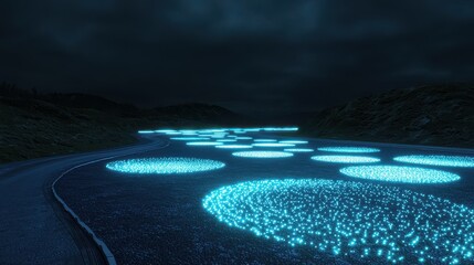 Glowing Blue Lights on Dark Road Under Cloudy Night Sky