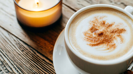 A cup of coffee with a swirl of cream and a candle in the background. generated using AI