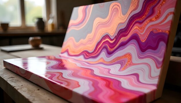 Remolinos abstractos de pintura rosa, violeta y blanca que se mezclan entre s&iacute;, creando un efecto jaspeado, con una textura suave y brillante, en un estudio