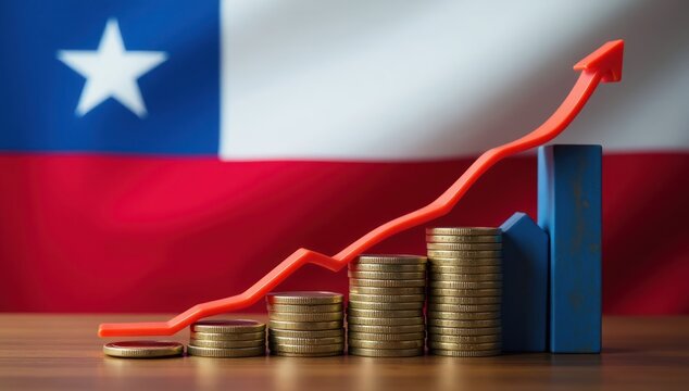 Chilean Economic Growth with Coin Stacks and Upward Arrow. Chile Finance
