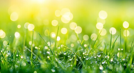 Obraz premium The scene depicts beautiful large drops of fresh morning dew in a macro setting, showcasing transparent water on grass blades, all within a spring-inspired background that offers ample copy space