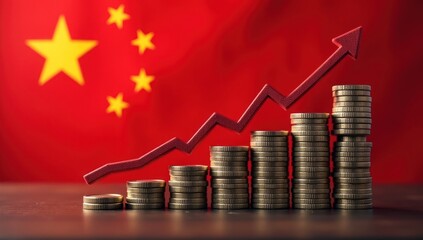 Chinese Economic Growth with Coin Stacks and Upward Arrow. China Finance. Ideal for illustrating articles about Chinese economic growth, financial news concerning China