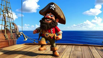 Happy pirate cartoon character dancing on a wooden ship deck