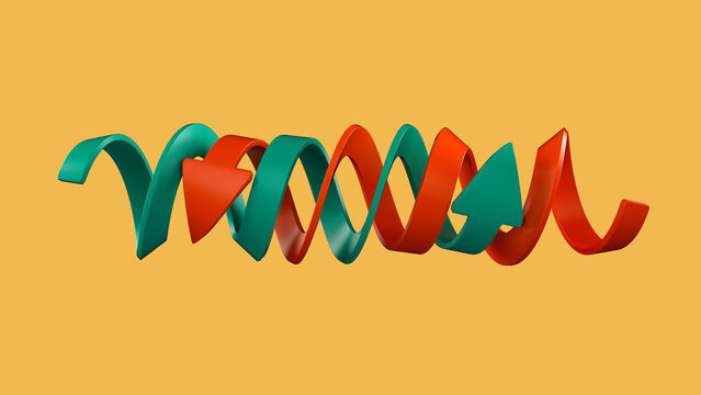 Double helix revolving cycling up down arrows financial, stock, or recycle concept. 3D illustration render.
