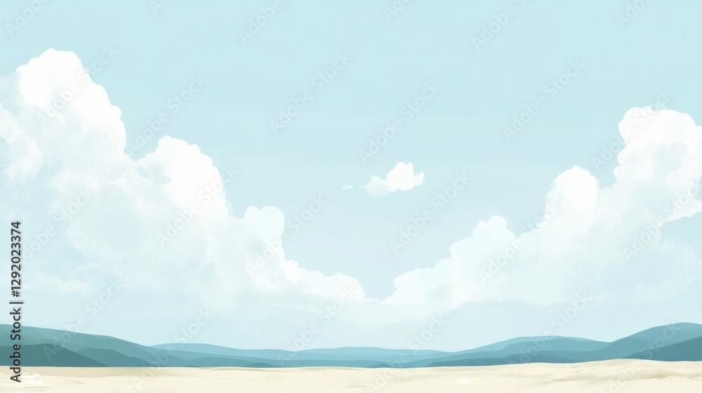 Poster tranquil landscape with soft clouds and distant mountains under a clear blue sky at noon. generative
