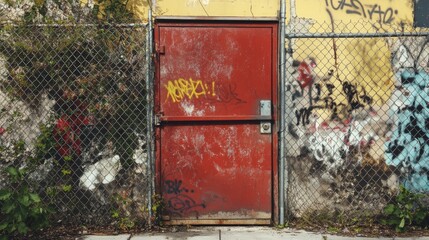 Chain-link fence yard door in an urban setting with graffiti. 