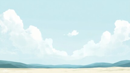 Tranquil landscape with soft clouds and distant mountains under a clear blue sky at noon. Generative AI