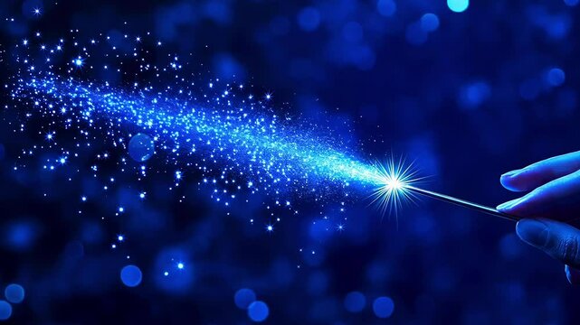 Hand holding magic wand emitting blue sparkling light on a defocused background