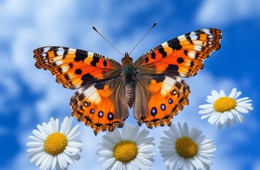 Obraz premium The image depicts a macro view of chamomile daisies set against a blue sky with sunshine in a summer or spring field, complete with a flying butterfly and ample copy space in the natural landscape