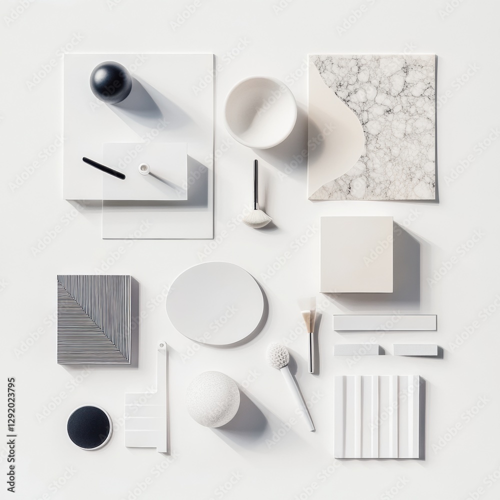 Poster variety of white and black geometric shapes and textures arranged neatly on a light background. gene