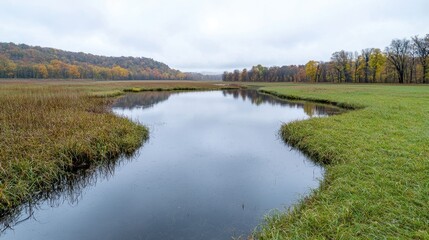 Fototapeta premium Calm Autumnal River Landscape Reflection
