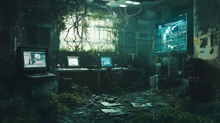 Abandoned tech lab - urban exploration ai photography, futuristic ruins, decaying technology. Overgrown Cyber Ruins. Illustration