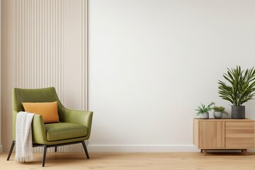 Cozy corner with green armchair and wooden cabinet