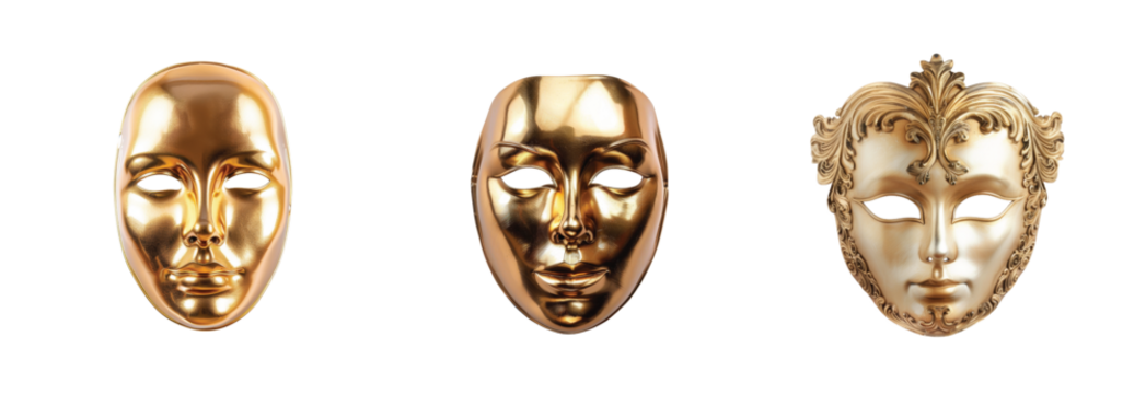 Three elegant gold masks with intricate designs and smooth surfaces