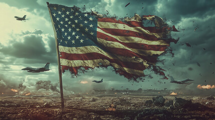A tattered U.S. flag waving in the wind, with fighter planes flying in the distance
