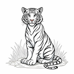Obraz premium Tiger Sitting with Curled Tail Line Art