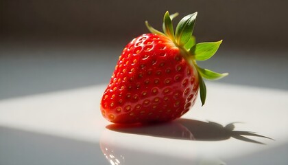 Una fresa roja fresca con semillas amarillas y hojas verdes sobre un fondo blanco