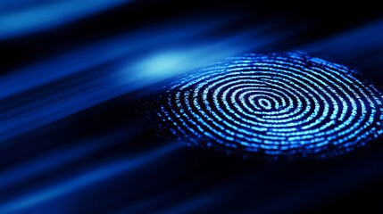 Abstract representation of a fingerprint with glowing blue lines and blurred background effects