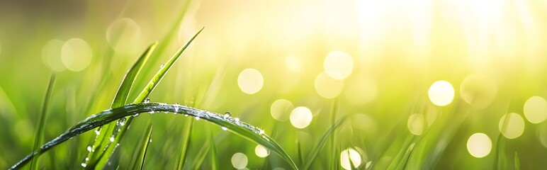 Obraz premium The image of a meadow at dawn in spring and summer, with lush green grass and dew drops, represents the beauty of nature and offers a clean copy space for artistic expression