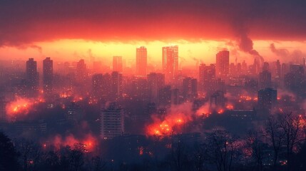 Obraz premium Smoke and Fire in a City at Sunset with Distant Buildings. Generative AI