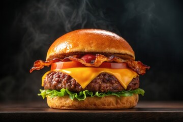 Close up delicious juicy bacon and cheese hamburger placed on a black stone plate with dark background