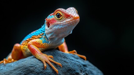 Fototapeta premium Tropical Lizard Sunbathing on a Rock with Vibrant Colors and Details. Generative AI