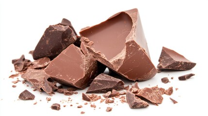 Fototapeta premium Broken chocolate chunks with varying textures and sizes isolated on white