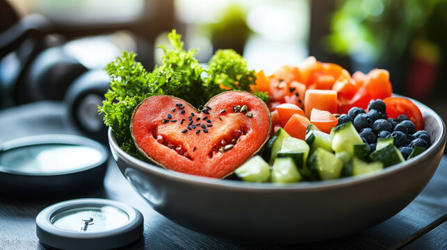 Dynamic ketogenic lifestyle: savoring clean, nutrient-dense keto meals in a heart dish with aerobic workouts, gym sessions, weight tracking, and sports footwear in a fitness hub. World health day.