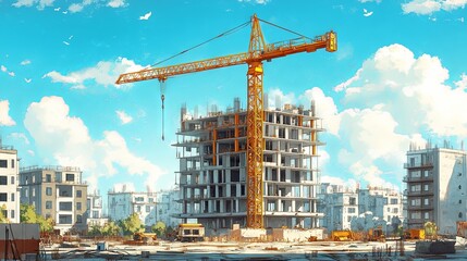 A construction site featuring a tower crane, with buildings and houses being constructed, including hotel apartments. It involves housing renovation, real estate development, and cranes operating