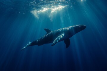 Fototapeta premium Whale in ocean with sunbeams shining through water and deep blue backdrop