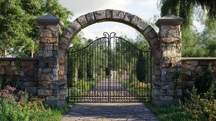 Fototapeta premium Tuscan-style wrought iron and stone archway gate. 