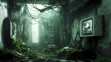 Fototapeta premium Overgrown vines entwine broken machinery in this eerie, futuristic setting. Overgrown Cyber Ruins. Illustration