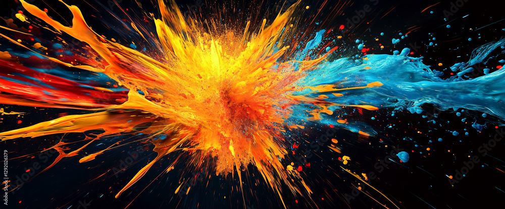 Poster an explosion of vibrant orange and blue paint splashes on a dark background, symbolizing energy, cre