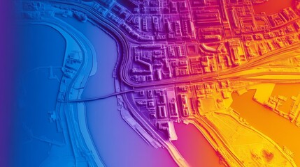 Obraz premium Aerial view of a vibrant cityscape with rivers, bridges, and urban infrastructure at sunset