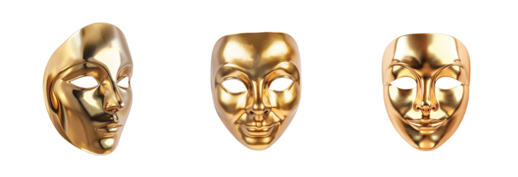 Elegant gold masks with distinctive expressions and smooth surfaces for festive celebrations