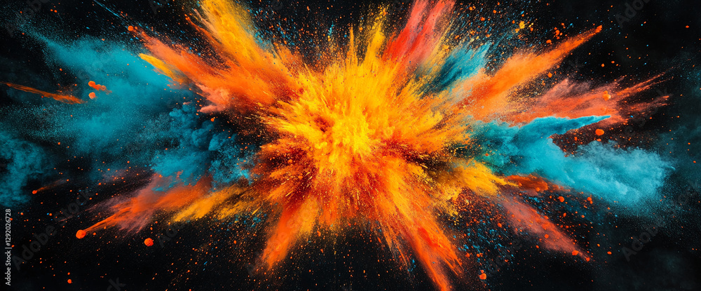 Poster a vibrant explosion of orange and blue paint creating a dynamic and energetic visual impact, symboli