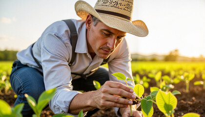 Fototapeta premium Dedicated farmer inspecting seedling growth in rural field, nurturing future