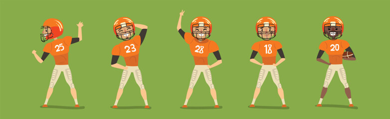 Rugby Boy Player in Helmet and Uniform on Green Field Vector Set
