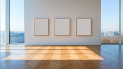 Obraz premium Minimalist Gallery Interior With Three Empty Frames