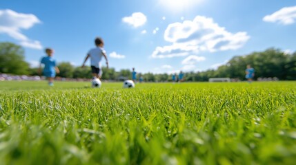 Children playing soccer on a sunny day