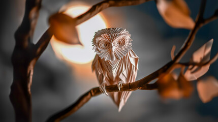 Origami Owl Paper Sculpture Under Moonlight