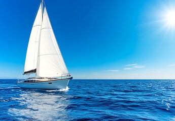 Obraz premium Sailboat sailing ocean on sunny day, blue sky background, travel tourism