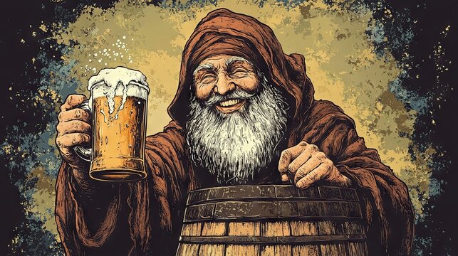 Joyful monk holding a beer mug and a wooden barrel. A brewer inspects the beer for quality at the brewery while winking.