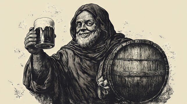 Joyful monk holding a beer mug and a wooden barrel. A brewer inspects the beer for quality at the brewery while winking.