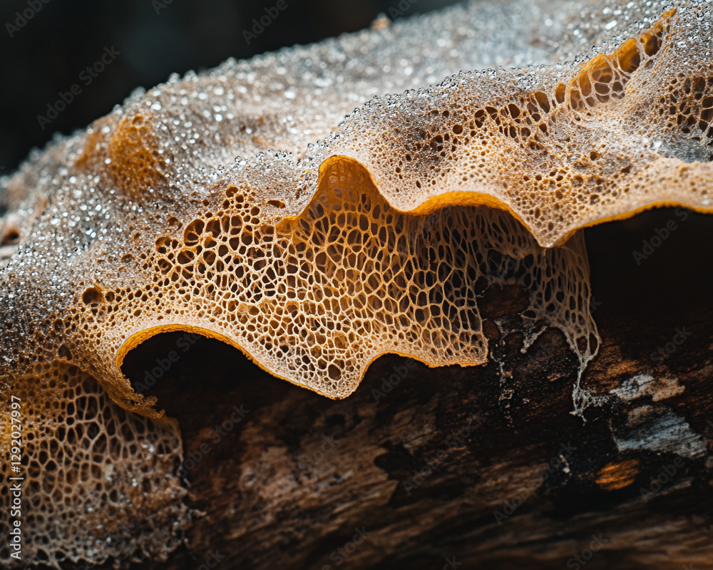 Poster Close-up of a piece of charred wood with a golden resin layer forming intricate, web-like patterns along the surface, showing natural textures and water droplets on the resin.