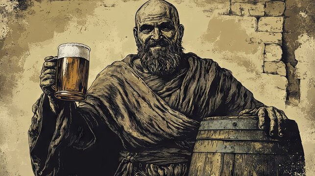 Joyful monk holding a beer mug and a wooden barrel. A brewer inspects the beer for quality at the brewery while winking.