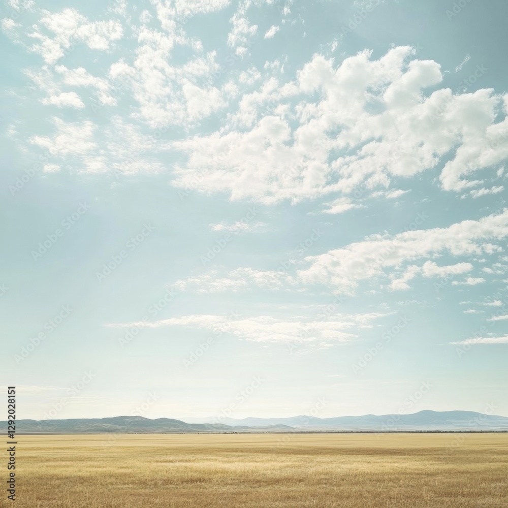 Poster Landscape of open fields under blue sky with clouds in the afternoon light. Generative AI