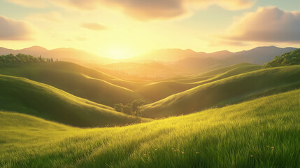Fototapeta premium Rolling green hills landscape background with beautiful sunset in golden hour.